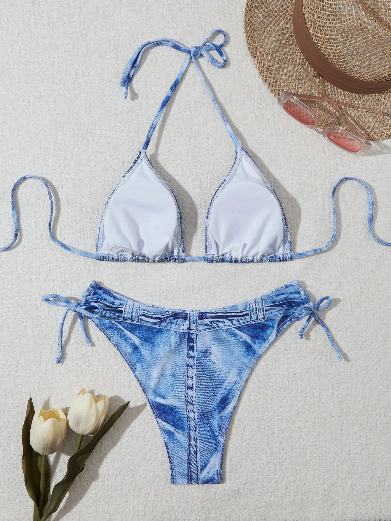 Women's denim blue printed bikini suit with adjustable straps, sizes S M L XL, nylon spandex fabric