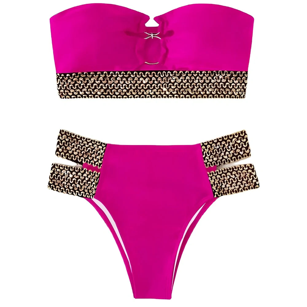 Hollow design beach bikini with chest pads in black, royal blue, or rose red colours