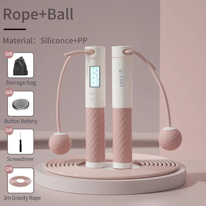 Digital skipping rope with adjustable 300cm length and LCD display showing calorie counter and timer metrics