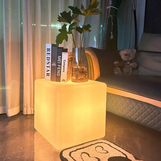 LED stool square cube light with modern design, IP65 waterproof rating, and options for rechargeable or solar power in various sizes
