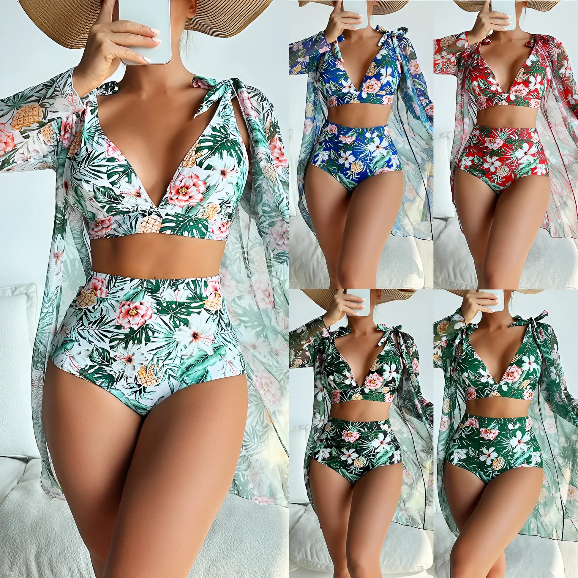 Women's multicolour printed three-piece bikini set with bra, shorts, and sunscreen shirt.