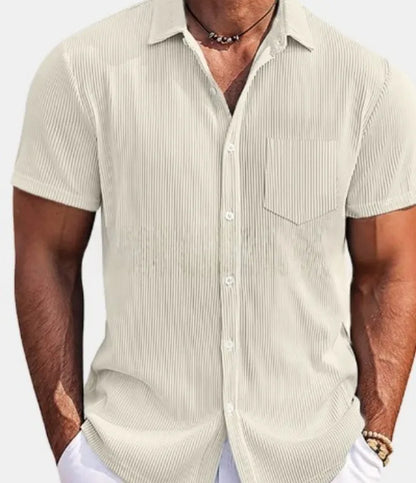 Men's solid colour loose fit short-sleeved shirt with vertical striped detail in a selection of colours.