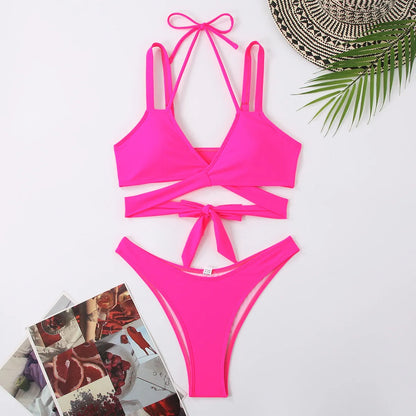 Women's solid colour bikini with adjustable strap ties and removable cups in black, red, blue, rose red, or white