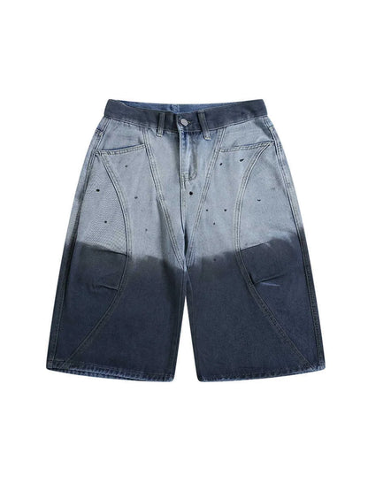 Blue women's cropped jeans with a loose fit, tie-dye gradient pattern, and distressed wash.