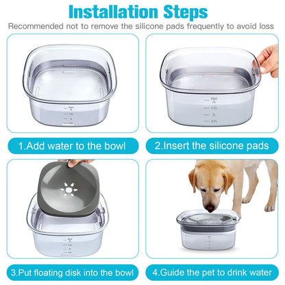 Transparent 2L dog water bowl with floating slow-feeding disk and non-slip base