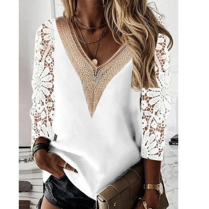 Black lace commuter shirt with nine-quarter sleeves and V-neck stitching on hanger