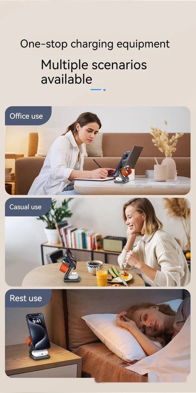 White foldable magnetic wireless charging phone holder shown open and closed