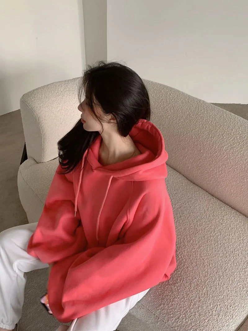 Women's loose hooded sweater in watermelon red mulberry silk, sleeveless design with solid colour, sizes S to 2XL