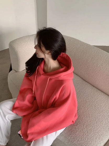 Women's loose hooded sweater in watermelon red mulberry silk, sleeveless design with solid colour, sizes S to 2XL