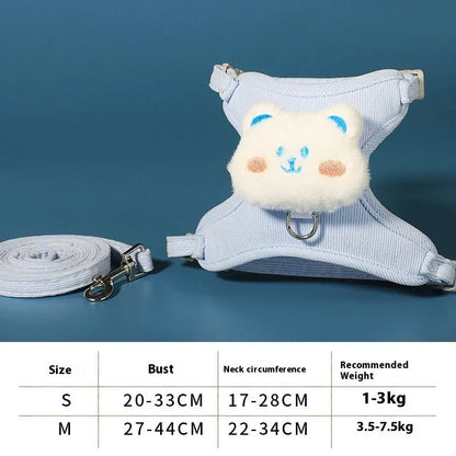 Corduroy pink rabbit cat walking rope with polyester chest strap and 1.2m hand holding rope