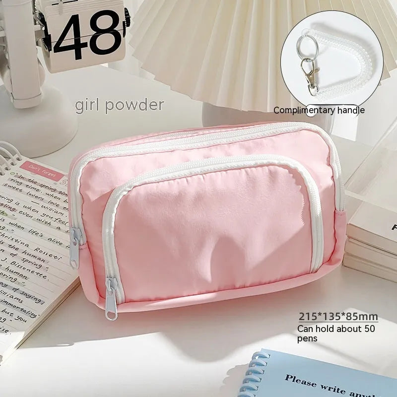 Double layer pencil case in solid colour with gift handle, dimensions 215mm by 135mm