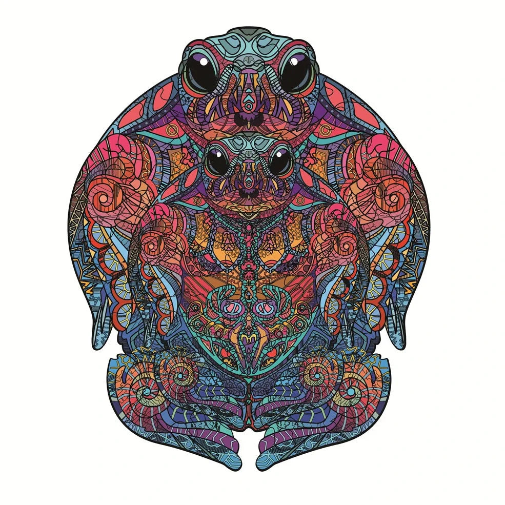 Wooden jigsaw puzzle with colourful elephant and turtle shaped pieces in A3, A4, A5 sizes