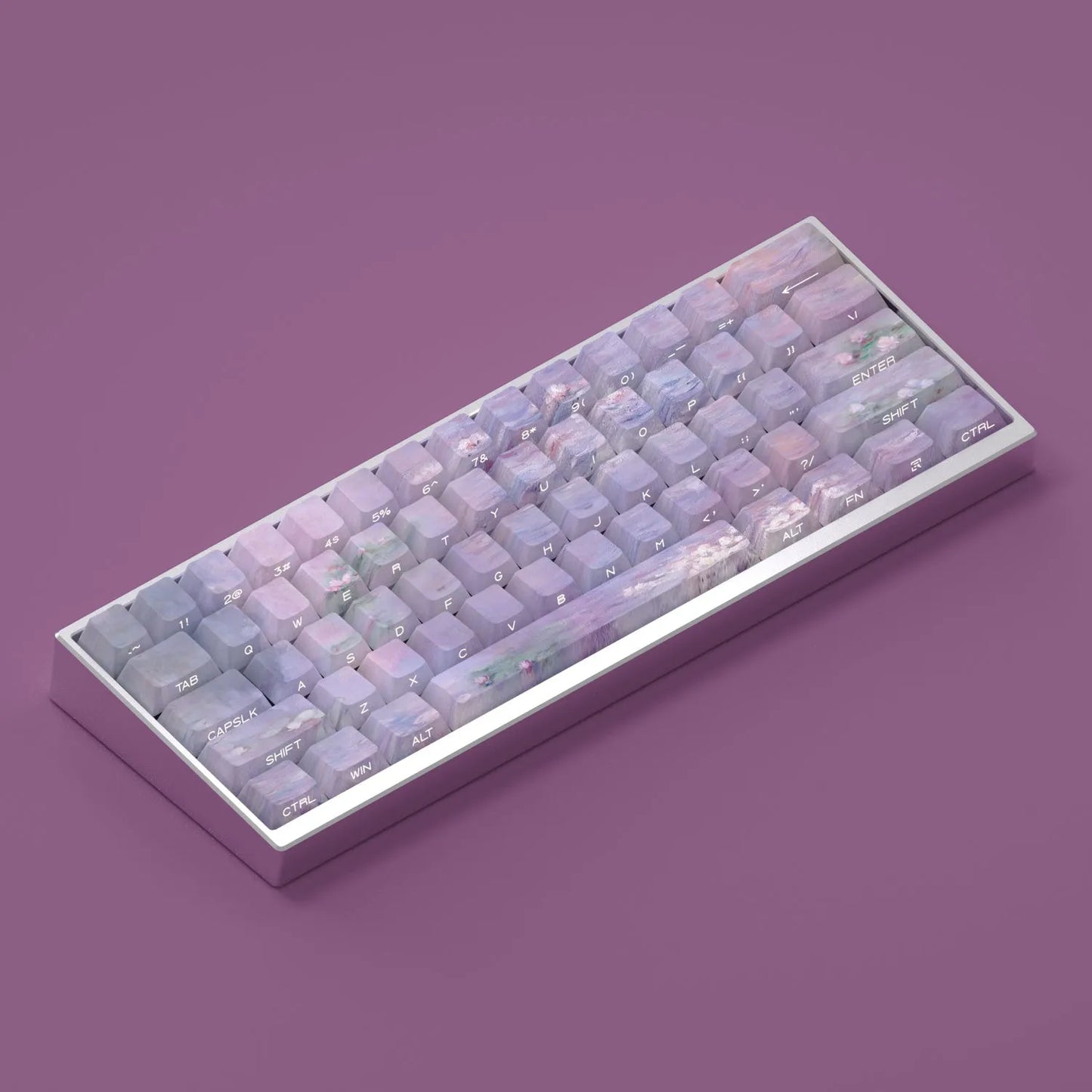 Wenshao Sleeping Lotus design PBT keycap set with side-carved translucent letters, 130 keys for mechanical keyboards.