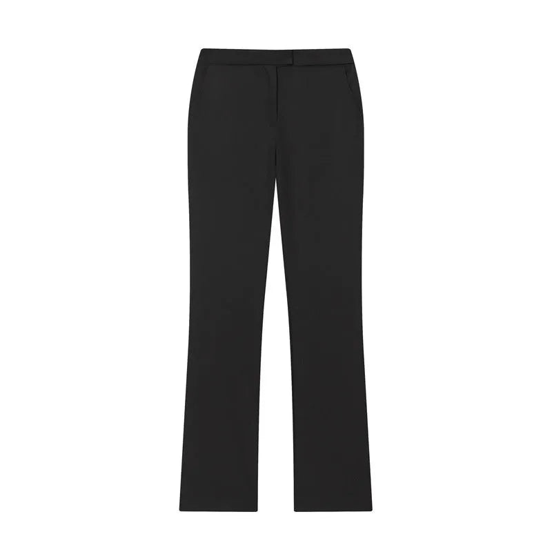 Women's slim-fit two-piece suit set with long-sleeve button jacket and flared pants in black, grey, pink, or apricot, sizes XS to L