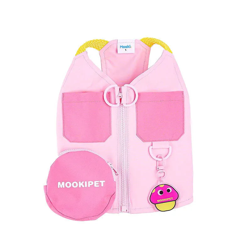 Pink polyester pet vest for small dog breeds on mannequin showing adjustable design