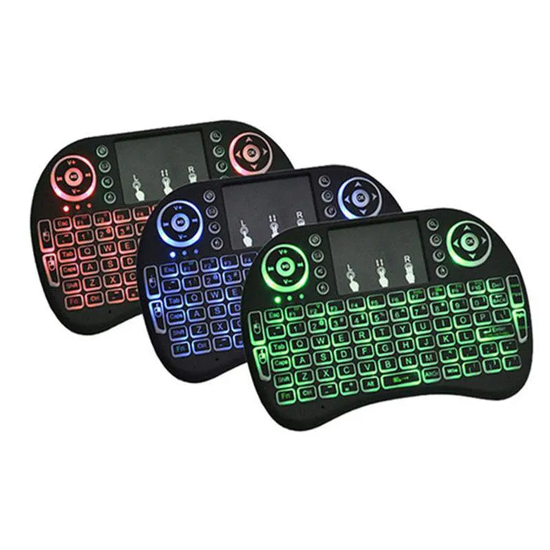 H9 wireless backlit touch remote control keyboard with colourful keys and white backlight, compact 14x9.1x1.7cm design.