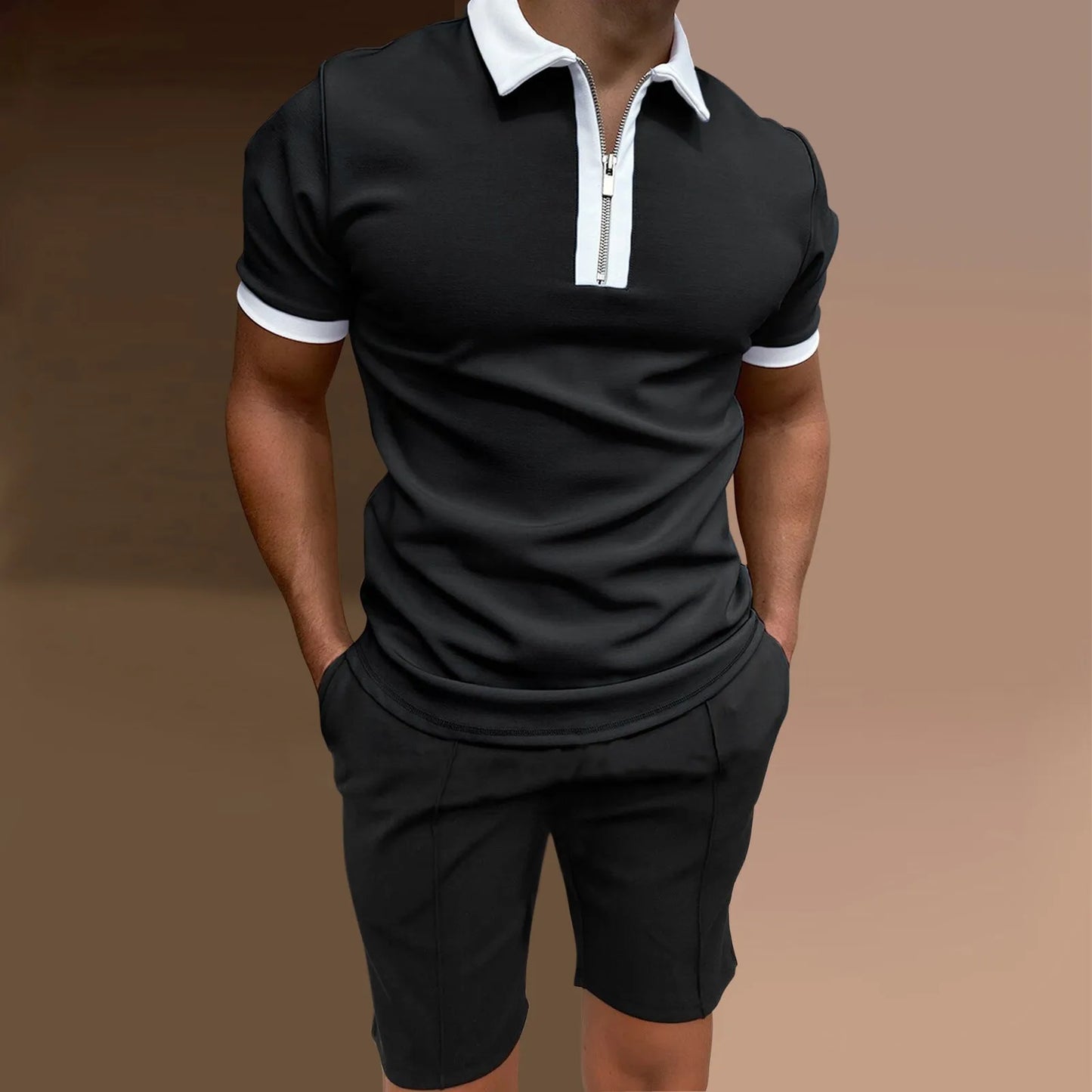 Men's casual printed two-piece set with short sleeve top and matching shorts