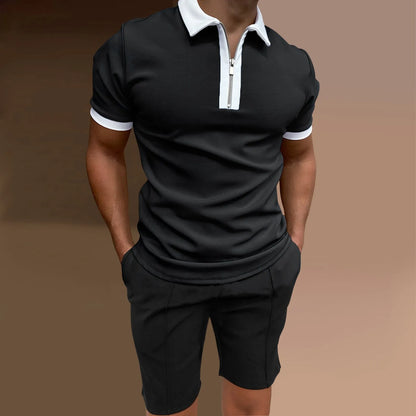 Men's casual printed two-piece set with short sleeve top and matching shorts