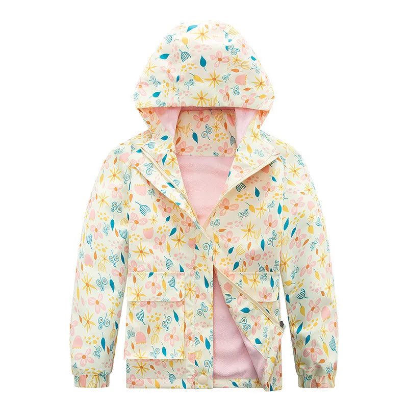 Kids' windproof waterproof fleece-lined hooded jacket in camouflage and plain colours, height 110cm to 160cm