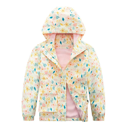 Kids' windproof waterproof fleece-lined hooded jacket in camouflage and plain colours, height 110cm to 160cm