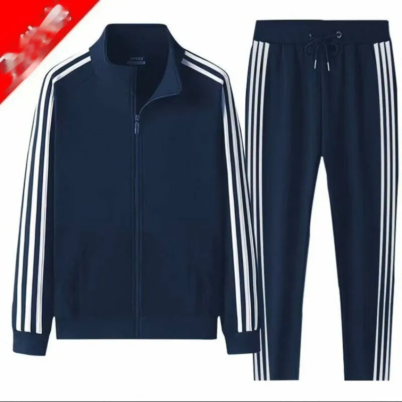 Navy blue cotton blend long sleeve cardigan suit with ankle tie trousers for plus size adults