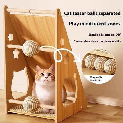 Vertical wall-mounted cat scratch board with sisal surface and integrated ball toy