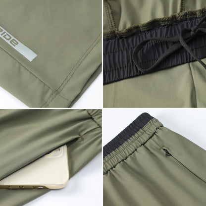 Men's loose grey ice silk cropped running pants showing the fifth pants length and relaxed fit.