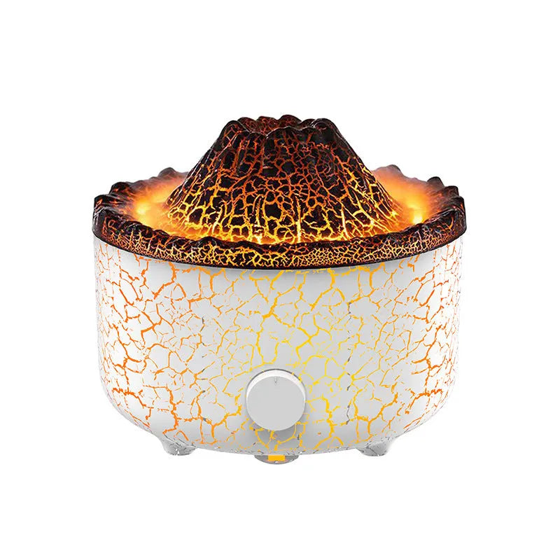 Volcanic humidifier with LED flame effect and mist spray on tabletop