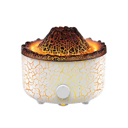Volcanic humidifier with LED flame effect and mist spray on tabletop