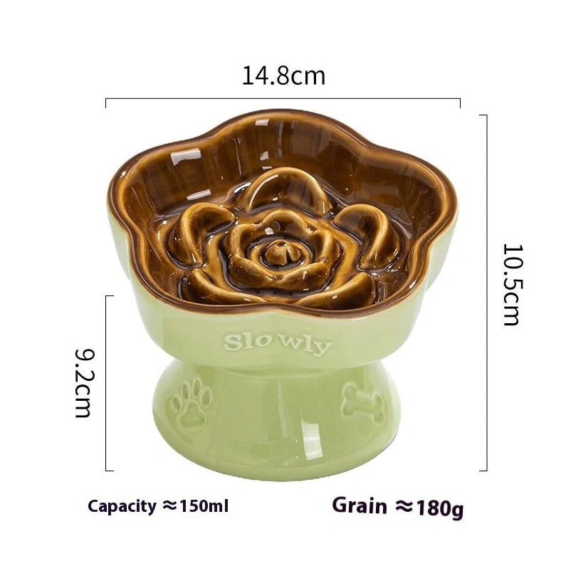 White ceramic pet bowl with high foot neck protector showing 15cm diameter and 8cm height measurement