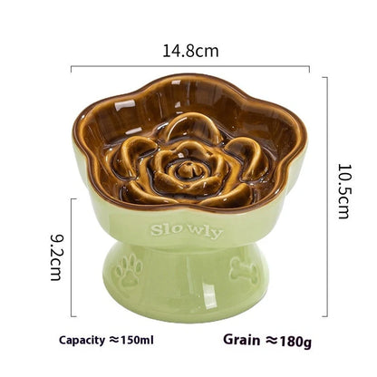 White ceramic pet bowl with high foot neck protector showing 15cm diameter and 8cm height measurement