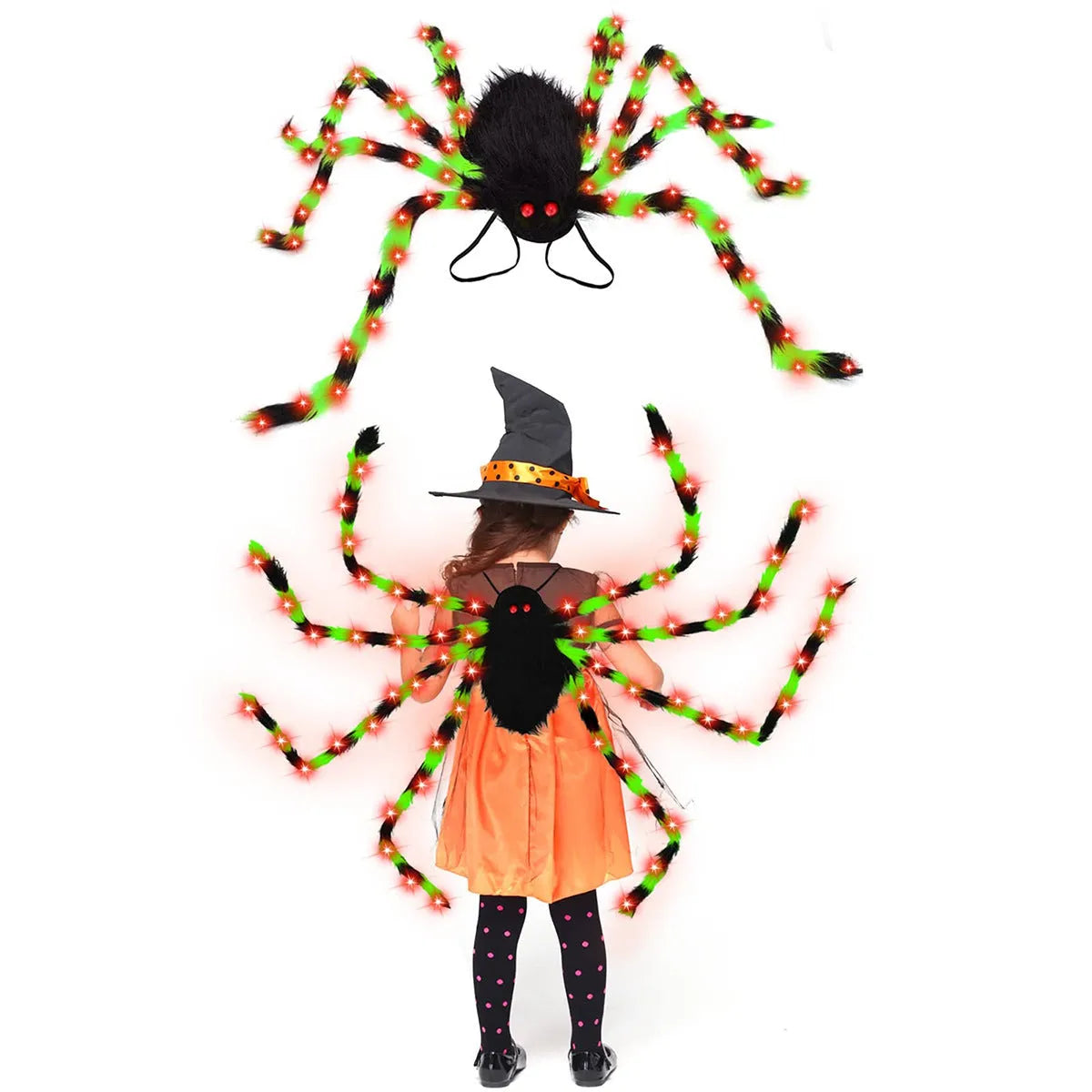 Halloween spider backpack with LED lights in plush material, available in multiple sizes and colours