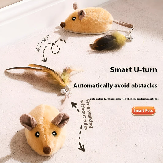 Intelligent charging simulation electric mouse cat teaser toy in gray or yellow with feather tail attachments
