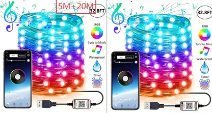 Programmable LED Christmas tree lights with app control showing custom colour animations on festive tree