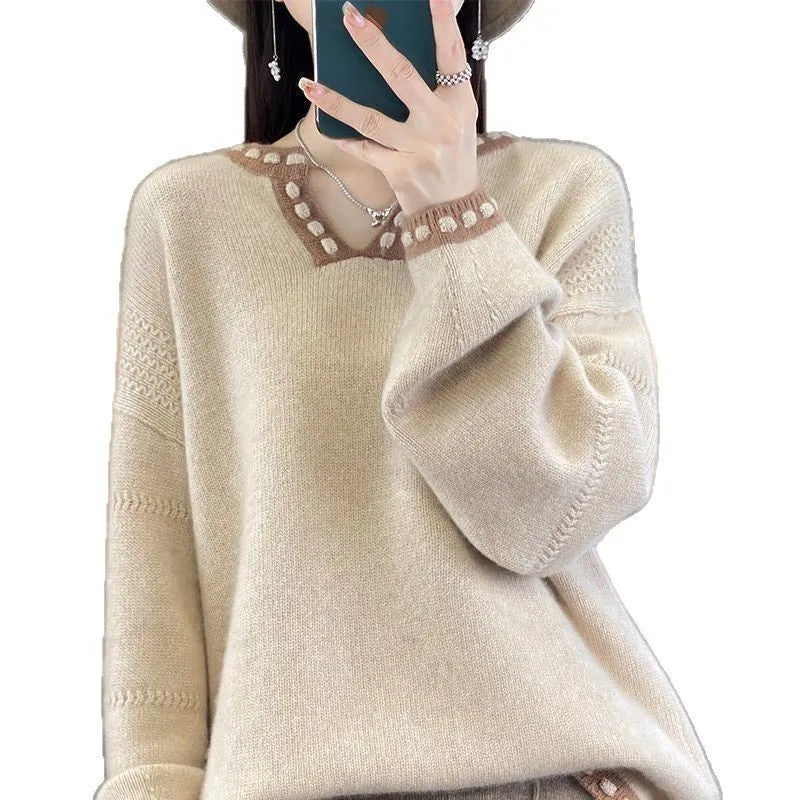 Women's V-neck pullover sweater in camel or white with long sleeves, sizes S to 3XL
