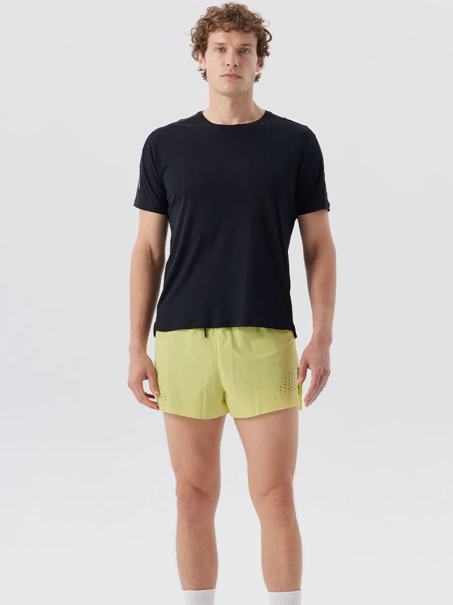 Men's straight-leg sports shorts with side slits in turmeric yellow, night blue, and black colours