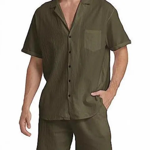 Men's light grey flax linen short-sleeved top and shorts summer sports suit