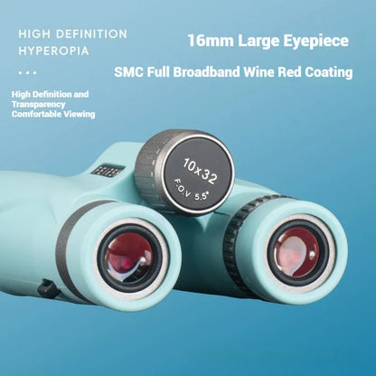 Blue 10x32 binoculars with wine red film imaging showing compact plastic construction