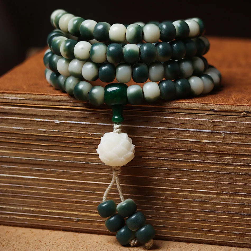Lotus white jade bodhi beads bracelet with floating flowers landscape pattern on 8x10mm beads