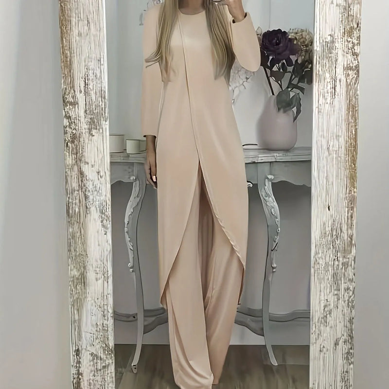 Casual long sleeve two-piece lounge set in loose round neck fit, made from polyester fabric, available in black, blue, and khaki colours, includes matching trousers for comfortable wear, size options from S to 5XL