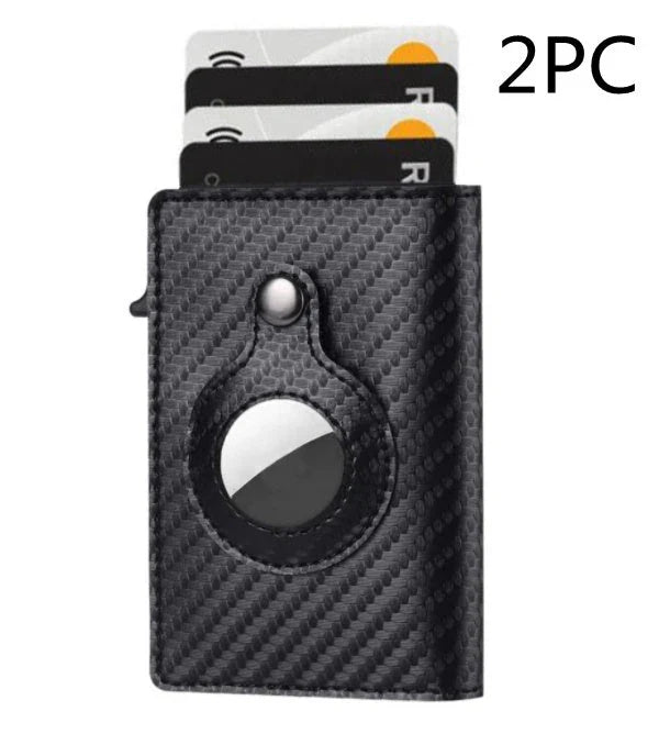 Slim leather wallet with built-in AirTag holder, featuring RFID-blocking technology and convenient card access