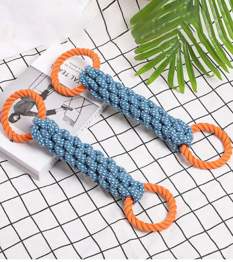Blue braided bone-shaped cotton rope dog toy with double rings measuring 37 cm