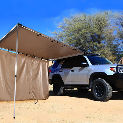 Black glue coated car sunshade tent with aluminium poles set up outdoors.