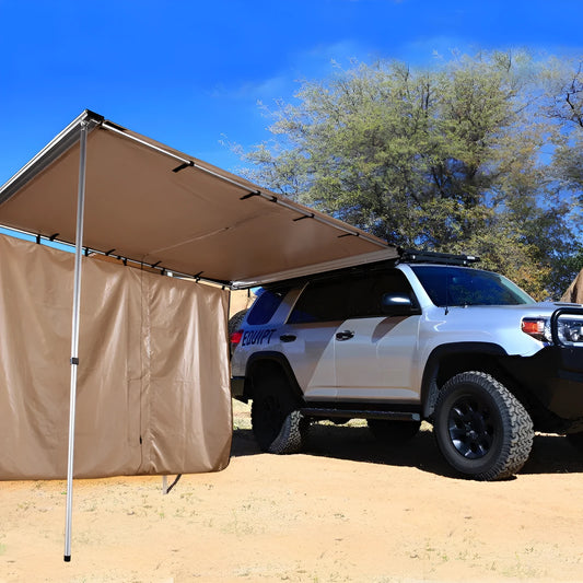 Black glue coated car sunshade tent with aluminium poles set up outdoors.