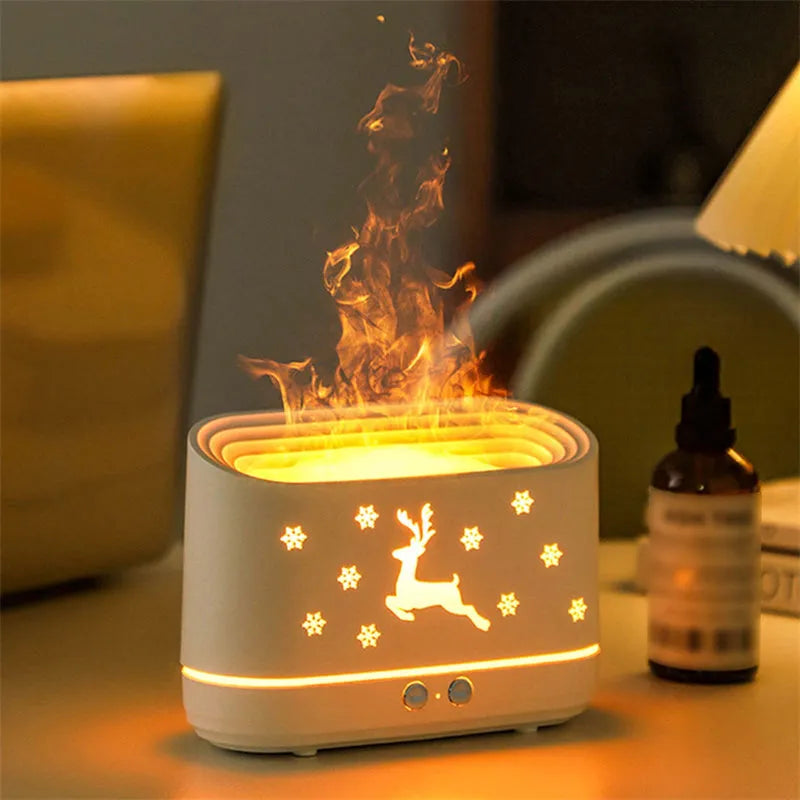 White Elk Flame humidifier diffuser with Christmas pattern and glowing adjustable flame effect.