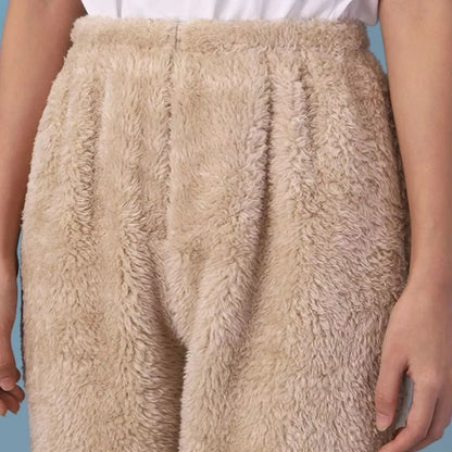 Women's coral fleece leggings with ankle and knee warmth in apricot, rose red, and blue