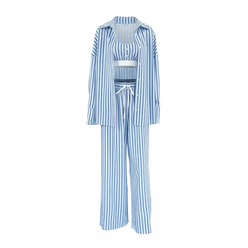 Women's Y2K aesthetic 3 piece suit with striped tank top and elastic waist trousers