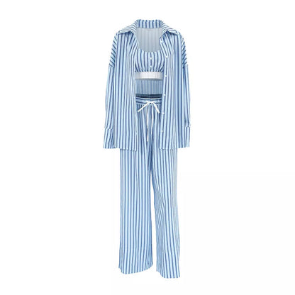 Women's Y2K aesthetic 3 piece suit with striped tank top and elastic waist trousers