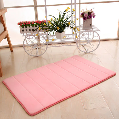 Memory foam bathroom carpet with coral fleece surface and non-slip latex backing in beige colour