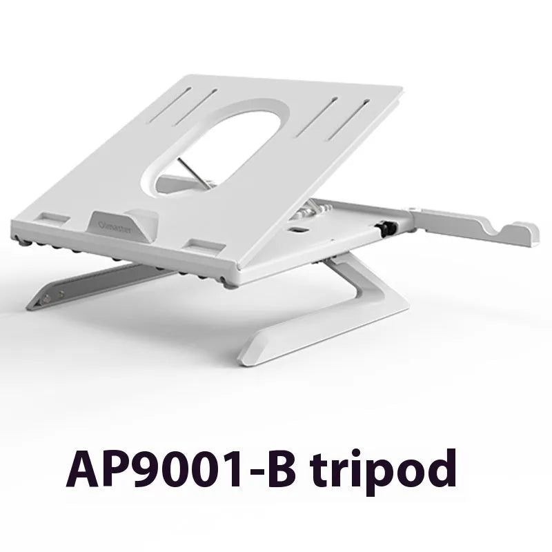 Foldable aluminium laptop stand in black or white, 280 x 280 x 25.5mm, with 9 adjustable angles and cooling slot.